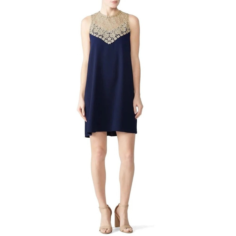 Lilly Pulitzer Navy Blue Gold Lace Yoke Shift Dress Sleeveless Size 6